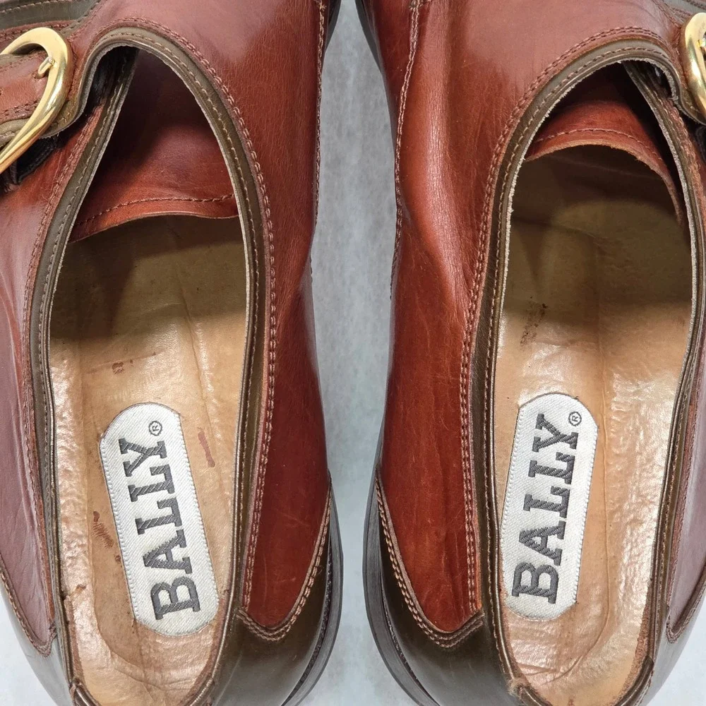 Vtg Bally Monk Strap Shoes Mens 44 Brown Two Tone Leather Cap‎ Toe Made in Italy